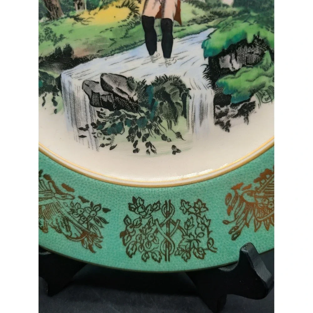 Royal Staffordshire Clarice Cliff Fly Fishing Dinner Plate Mint Green‎ Gold Gilt